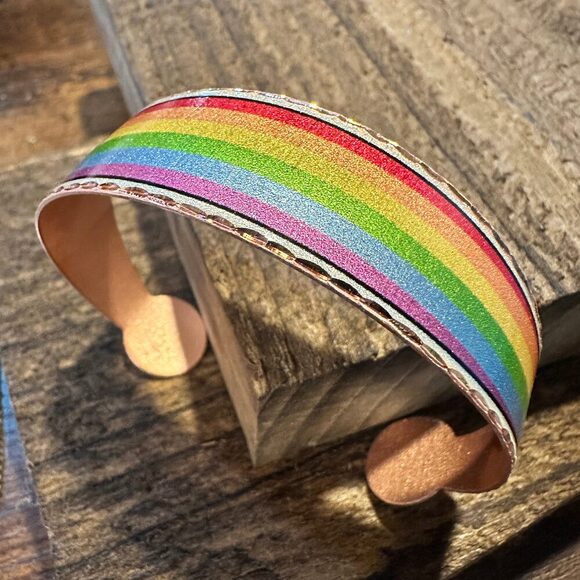 Handmade Boho Copper Wide Cuff Bracelet, Diamond Cut Rainbow Pride Design, Gift - Picture 5 of 11